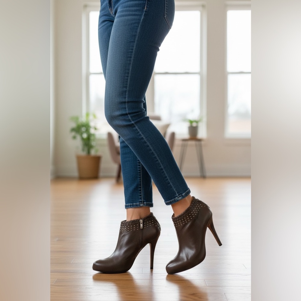 Enzo Angiolini Dark Taupe Leather Studded Ankle Boots Booties